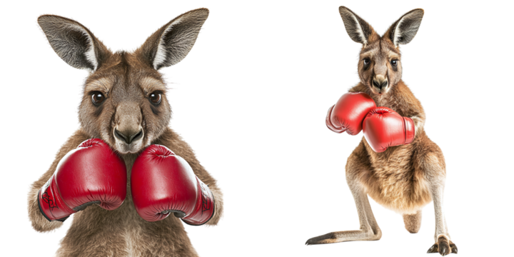 Set of angry kangaroos in boxing gloves isolated on transparent background PNG