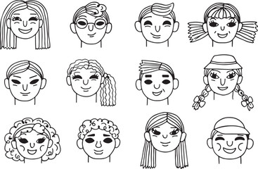 Mixed Children Avatar Vector Pack, Hand Drawn Boy and Girl Face Icons Set