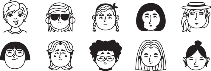 Avatar Face Icon Set, Doodle Style Vector Heads, Hand Drawn Character Faces