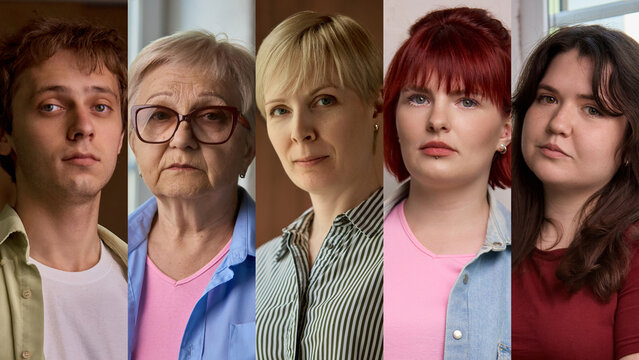 Inner Warmth. Group portrait collage showing neutral and serious emotional expressions from five diverse individuals in natural indoor light. Concept of behavioral science, emotional profiling