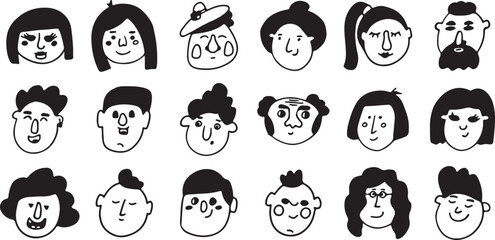 Avatar Face Icon Set, Doodle Style Vector Heads, Hand Drawn Character Faces