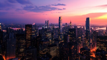 Vibrant urban skyline at sunset new york city gigapixel panoramic banner mockup urban environment aerial view cityscape concept