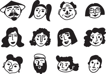 Young Boy and Girl Faces Vector Set, Hand Drawn Child Avatars in Doodle Style