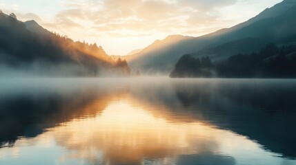 Tranquil sunset reflections over a serene lake mountain landscape panoramic banner mockup calm environment wide-angle view nature's beauty