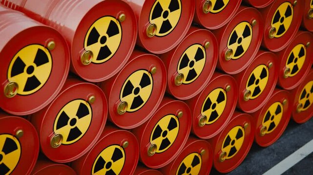 Row of Red Barrels with Hazard Symbols Indicating Radioactive Material Storage