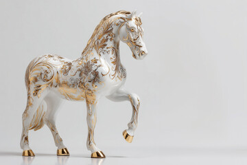Exquisite porcelain horse figurine with golden detailing on a light background, artistic decorative piece