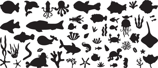 Underwater Fish Silhouette Vector Set, Marine Life Icons, Sea Animal Bundle