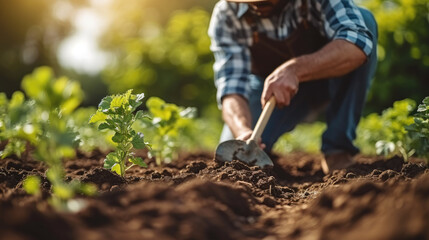 Naklejka premium Farmer digs soil in vegetable garden with sunlight, wearing plaid shirt and apron, spring planting season