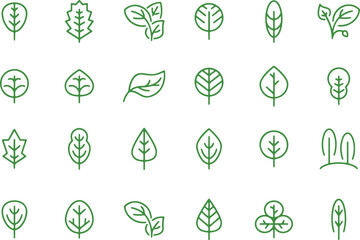 Green Botanical Leaves Doodle Set, Minimal Nature Art, Plant Icon, Eco Line Sketch, Organic Garden, Flat Design, Forest Foliage