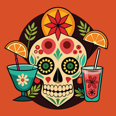 Day of the Dead Skulls with Cocktails Vector Illustration