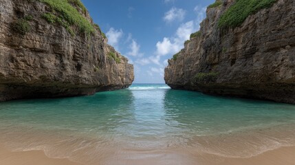 Scenic Beach View Between Cliffs with Turquoise Water and Sky