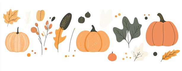 Set of simple, cute vector illustrations with autumn leaves, pumpkins, and abstract shapes