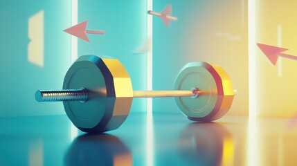 Barbell with directional arrows floating around in a pastel environment suggesting motivation.