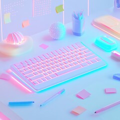 Pastel-themed workspace with pink keyboard, pens, and digital devices in a dreamy atmosphere.