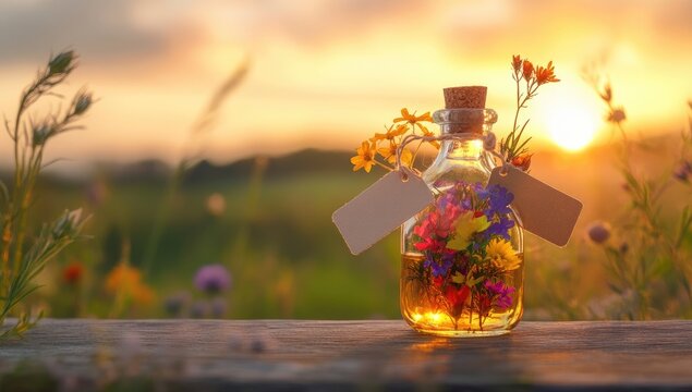 Floral elixir at sunset.  Small glass bottle filled with wildflowers, atop a wooden surface, bathed in golden light