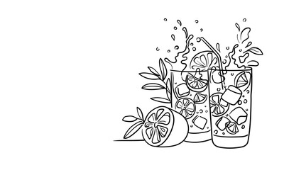 Summer lemonade in 2 glasses continious line drawing. Cocktail glasses with drinks. Cheers toast festive decoration for holidays. Vector illustration