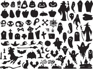 Horror Halloween Icon Pack Spooky Figures Tombstones Witches Ghosts Black Set