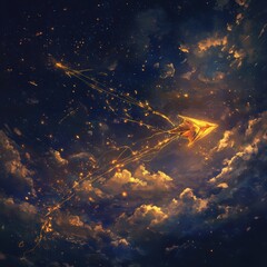 Abstract golden kite flying through a dark, celestial sky lit with glowing fragments.