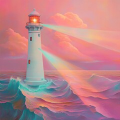 Vibrant lighthouse casting colorful beams over waves in a pastel fantasy seascape.