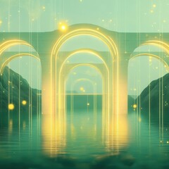 Glowing arches over calm water in a surreal environment with golden luminous rain.