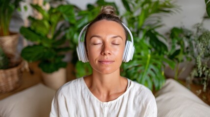 The image shows a person meditating with headphones on, in an indoor setting with potted plants, a calming atmosphere indicated by the closed eyes and relaxed posture.