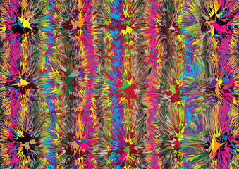 The colorful abstract motif resembles exploding fireworks, forming a dynamic pattern with bright hues and striking contrasts