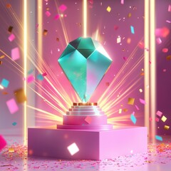 Giant gemstone on glowing pedestal surrounded by confetti and colorful stage lighting.