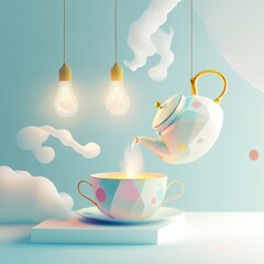 Floating teapot pouring into cup on pastel stage with hanging light bulbs and soft clouds.