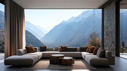 Fototapeta premium Modern Minimalist Living Room with Mountain View in Background, Large Windows and Cozy Couch Set Against Majestic Alpine Scenery For Interior Design Inspiration