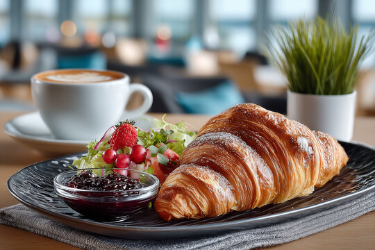 Aromatyczne cappuccino z chrupiącym croissantem, dżemem i świeżymi owocami. Idealne śniadanie lub brunch w kawiarni.