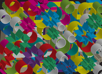 Abstract background full of 3D elements in the form of stars and colorful tubes such as red, green, blue and yellow that overlap dynamically