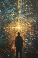 Silhouette of a person standing before a cosmic explosion of light and digital matrix in space.