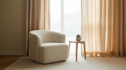 Lagom beige armchair with plant showcasing the Scandinavian aesthetic for simple living