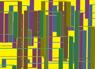 Abstract design with vertical lines and rectangles in green, purple, brown and blue on a contrasting bright yellow background