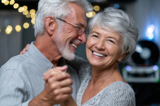 Couple enjoying a joyful dance together in a cozy environment during a nighttime gathering