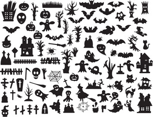 Horror Halloween Icon Pack Spooky Figures Tombstones Witches Ghosts Black Set