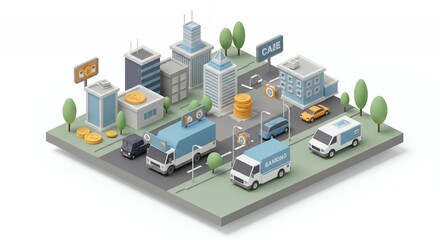 Isometric Pixel Cityscape with Buildings Vehicles and Gold Coins in Digital Art