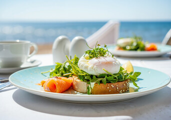 vibrant breakfast plate featuring poached egg, smoked salmon, and arugula on toasted bread against a seaside backdrop with sunlight reflecting off the ocean