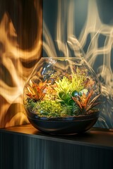 Elegant glass terrarium with plants and warm light reflections on a wooden shelf.