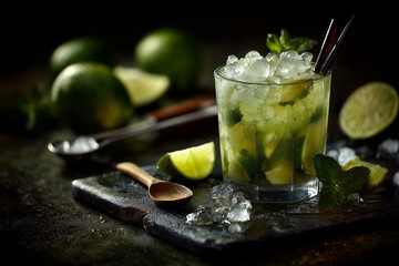 Orzeźwiający koktajl mojito z limonką, miętą i dużą ilością lodu, na ciemnym, teksturalnym tle. Przygotowanie do letniego relaksu.