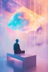 Person sitting under floating cloud in pink and purple digital dream space.