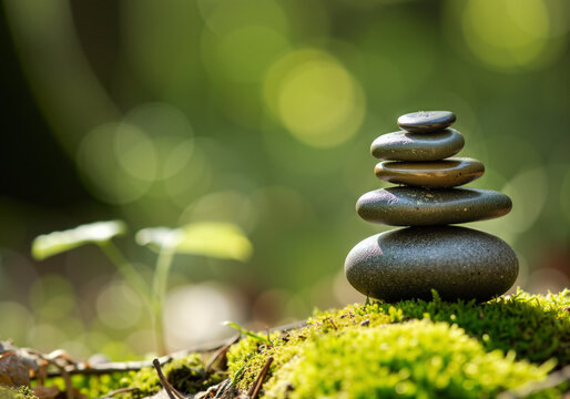 stacked black stones resting on vibrant green moss in a serene forest setting, symbolizing balance and tranquility in nature