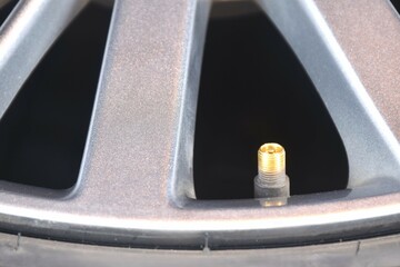 brass screw tire value on magnesium alloy wheel background and texture