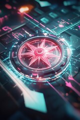 Digital compass glowing in neon colors embedded in a tech-themed background.