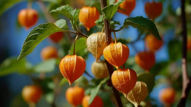 Vibrant Physalis Fruits Hanging on Lush Green Branches