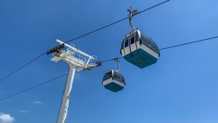 Floating gondolas dance gracefully against azure skies, reminiscent of a surreal journey during...