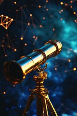 Golden telescope under glowing night sky with digital constellation overlays.