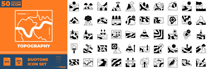 Topography Duotone Editable Icons set. Vector illustration in modern thin duotone style of topography icons: canyon, cliff, desert, forest, etc © Madani Pro