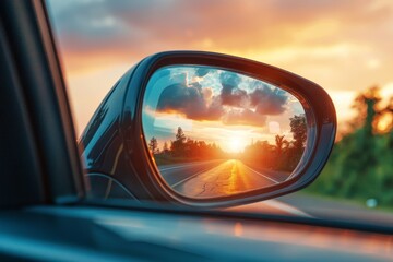 Sunset reflected in car side mirror