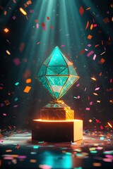 Glowing green gem on stage under confetti and spotlights in a surreal fantasy display.